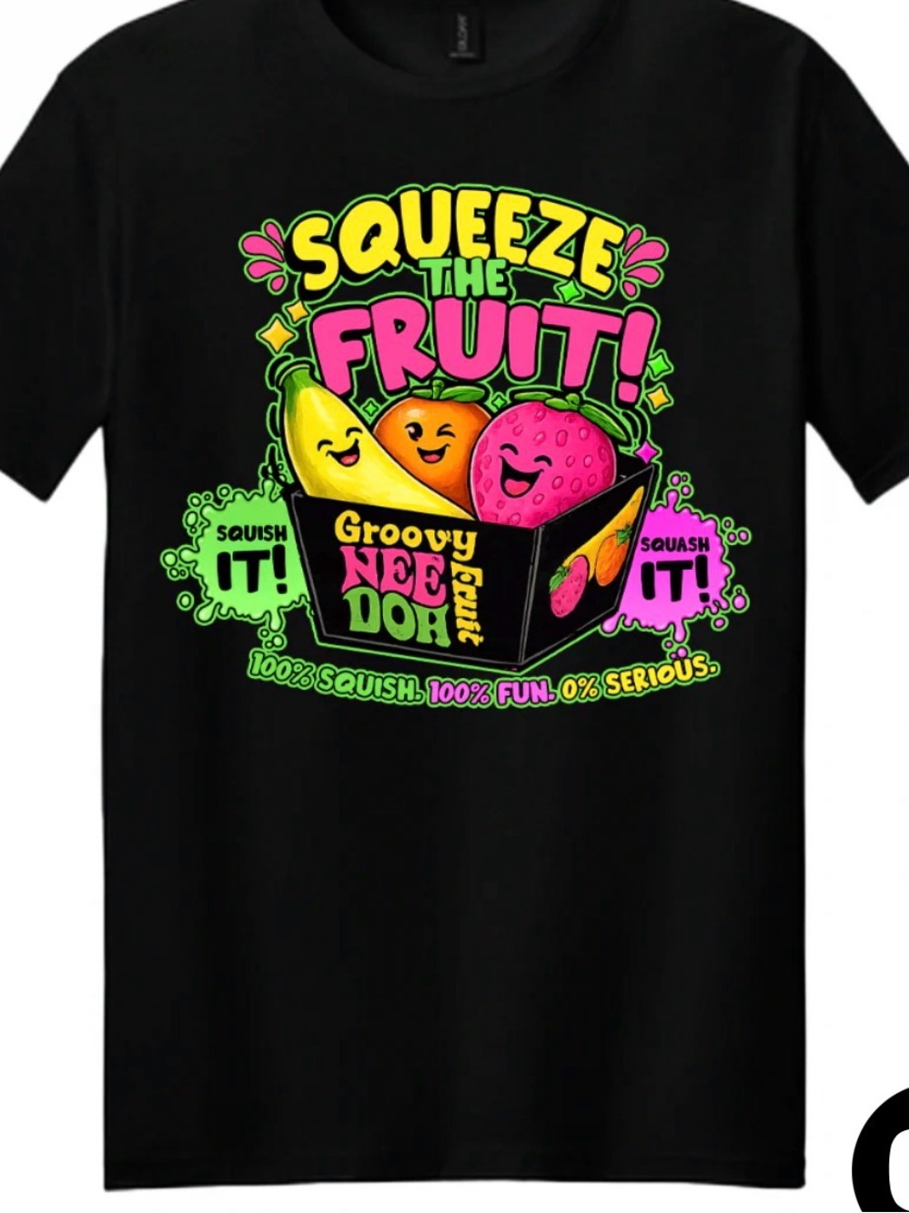Squeeze the Fruit! Graphic Tee - Black with Neon Fruit Print- Multiple sizes